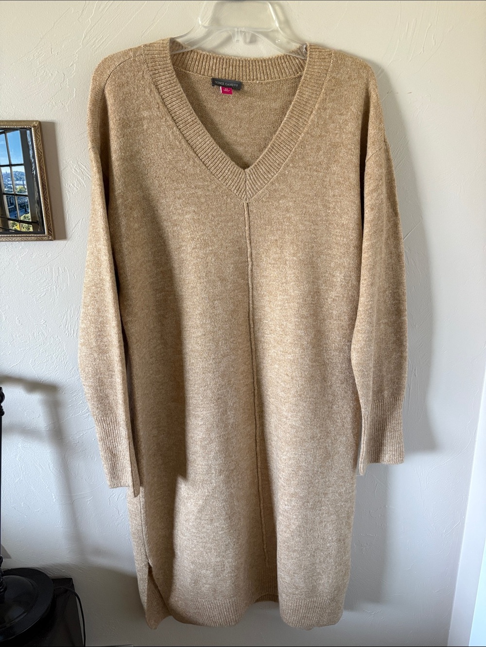 Vince Camuto Camel V-Neck Knit Sweater Dress